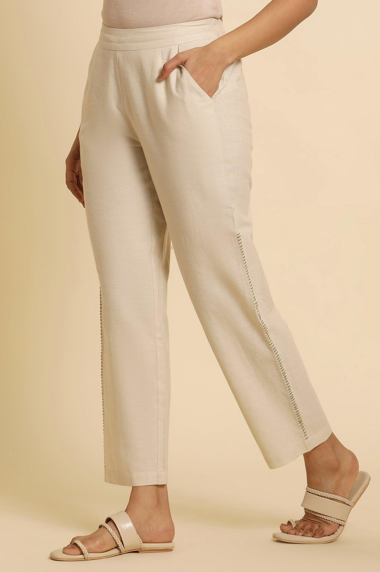Off-White Cotton Flax Straight Pants - wforwoman