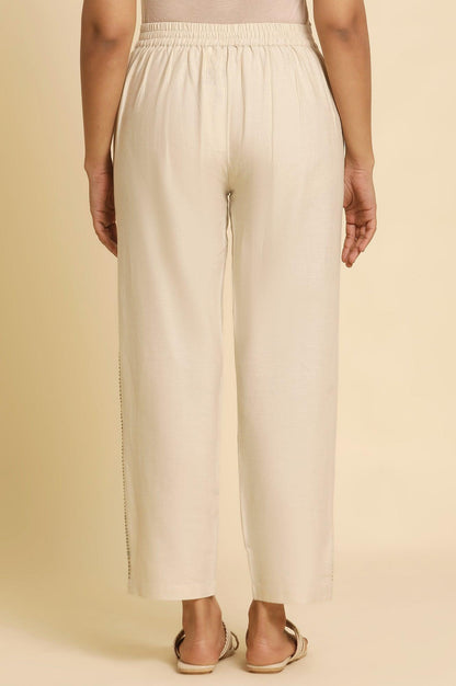 Off-White Cotton Flax Straight Pants - wforwoman