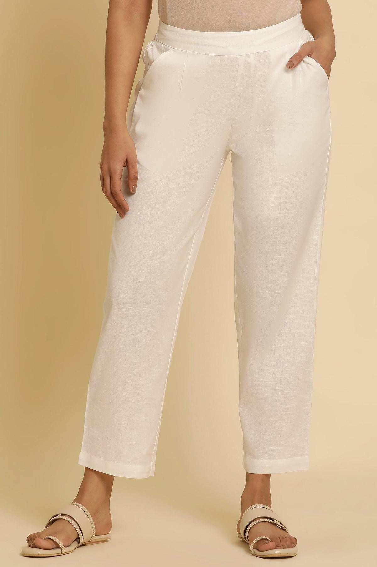White Cotton Flax Straight Pants - XL