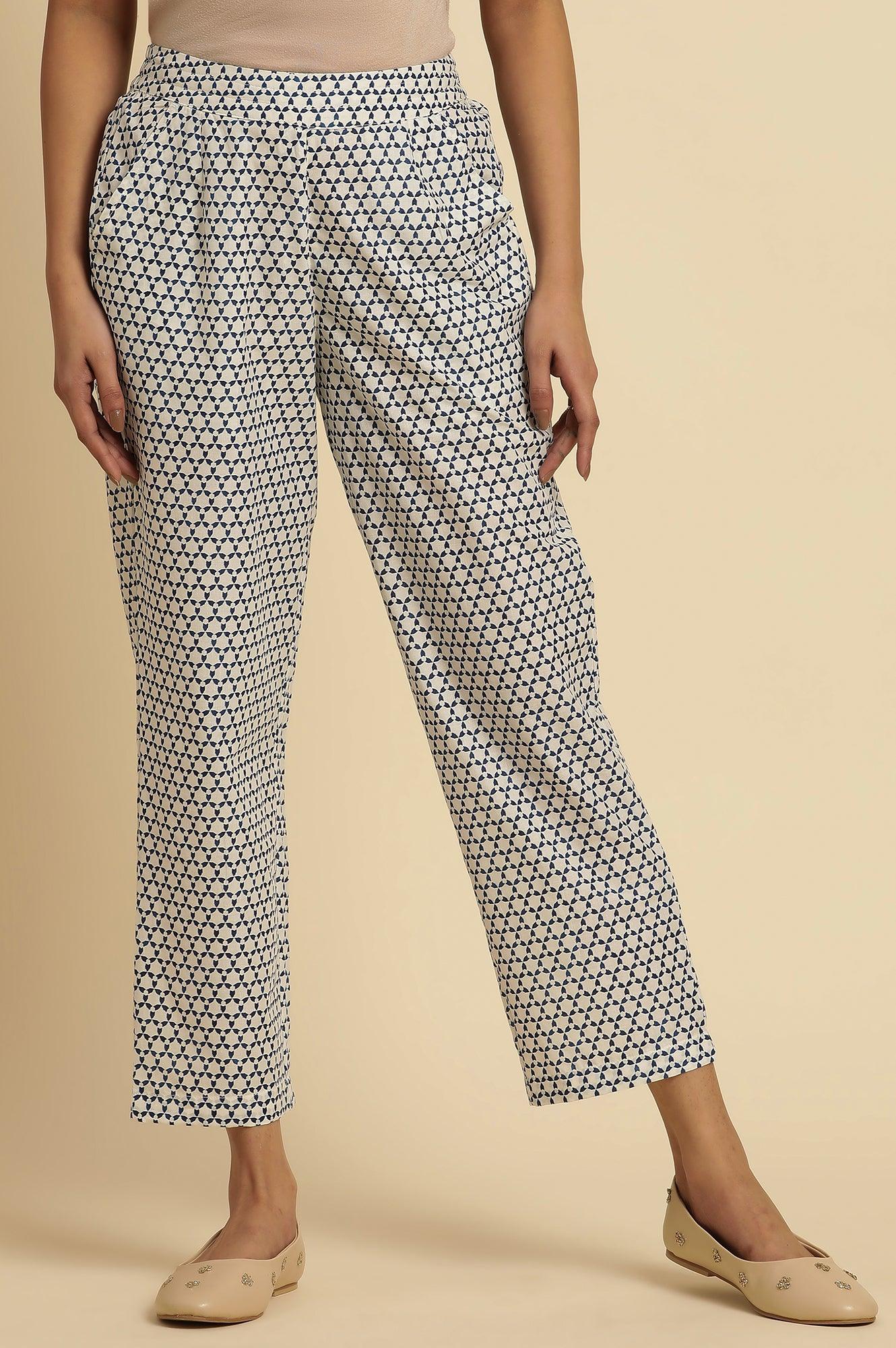 White Straight Pants With Blue Triangle Print - wforwoman