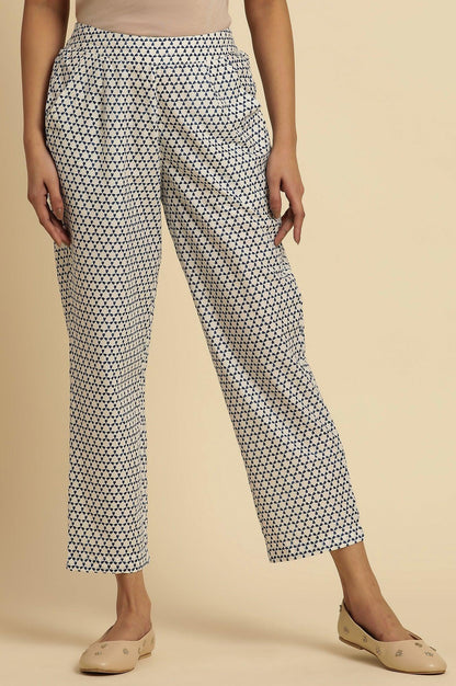 White Straight Pants With Blue Triangle Print - wforwoman