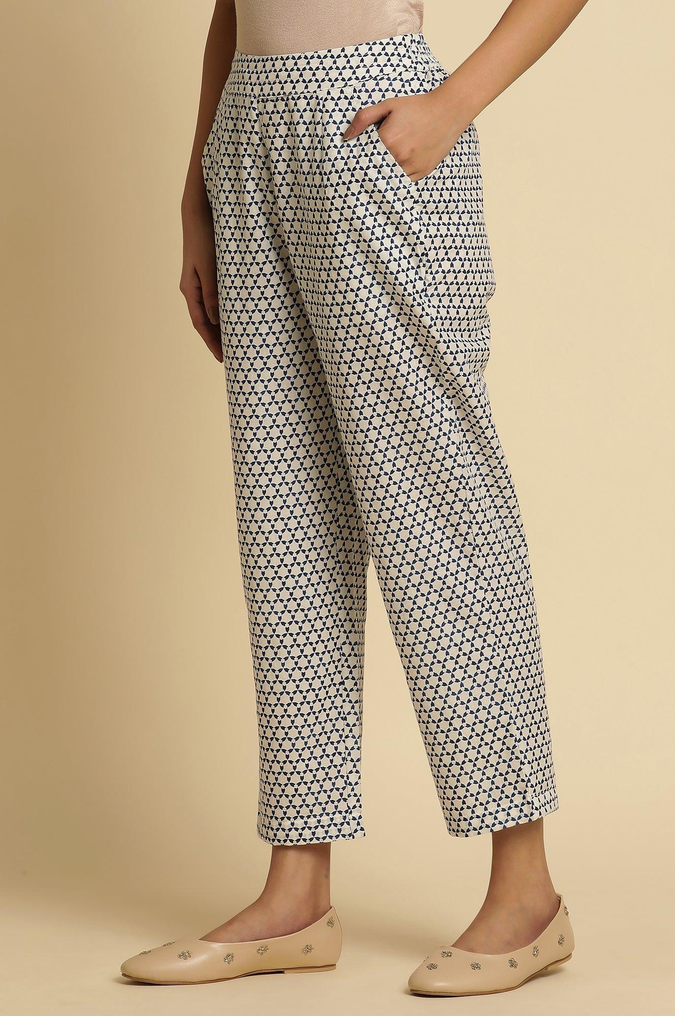 White Straight Pants With Blue Triangle Print - wforwoman