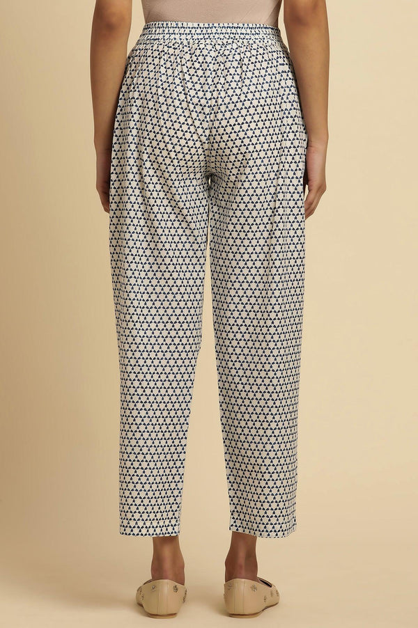 White Straight Pants With Blue Triangle Print