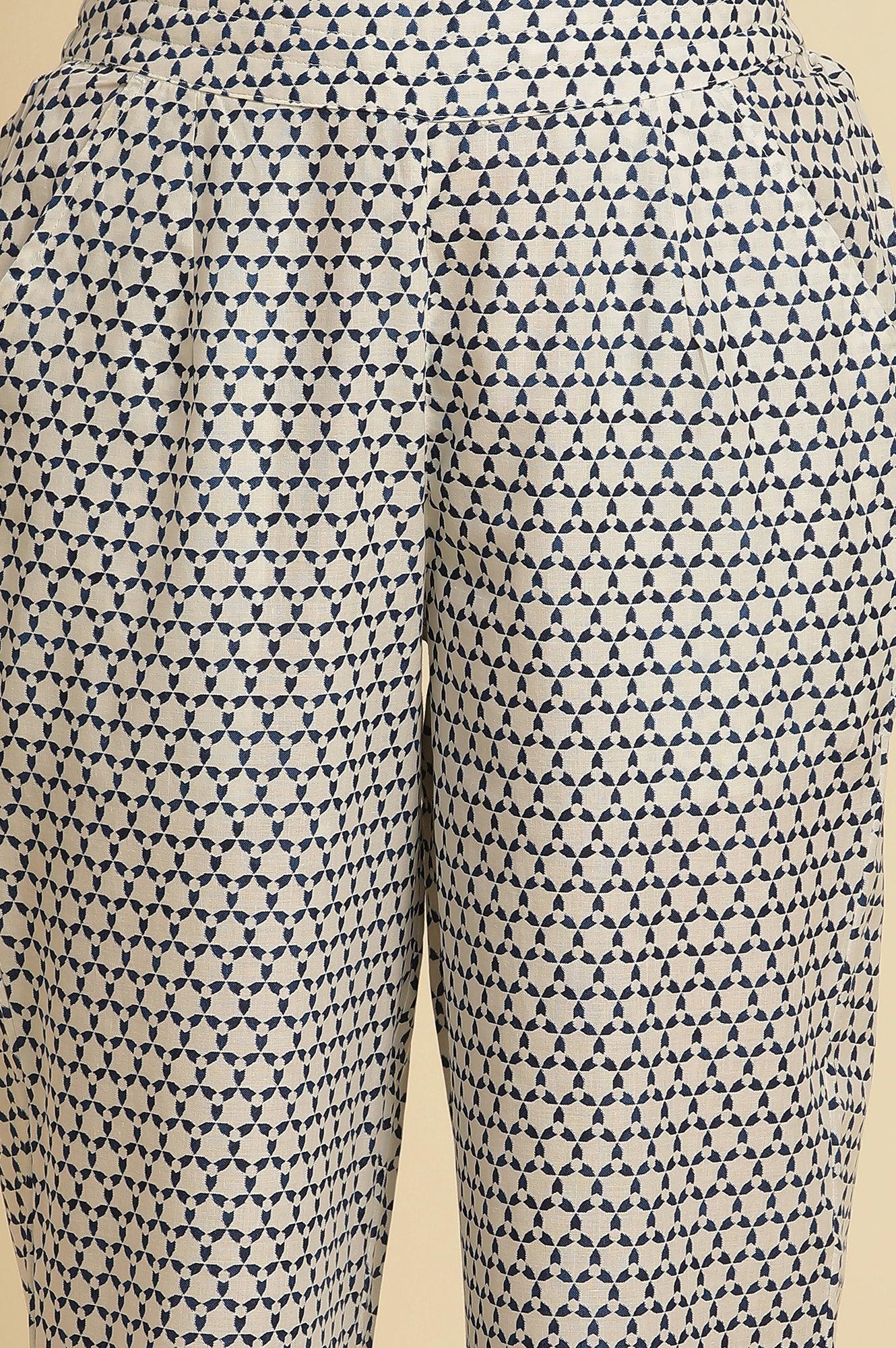 White Straight Pants With Blue Triangle Print - wforwoman