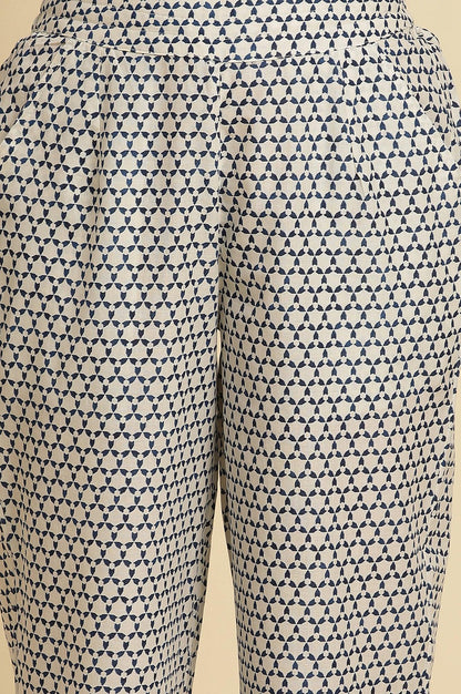 White Straight Pants With Blue Triangle Print - wforwoman