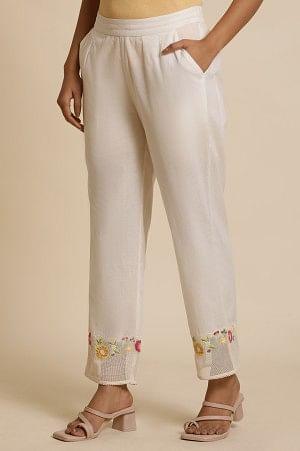 White Cotton Pants With Embroidered Mesh Hemline - wforwoman