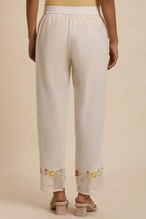 White Cotton Pants With Embroidered Mesh Hemline - wforwoman