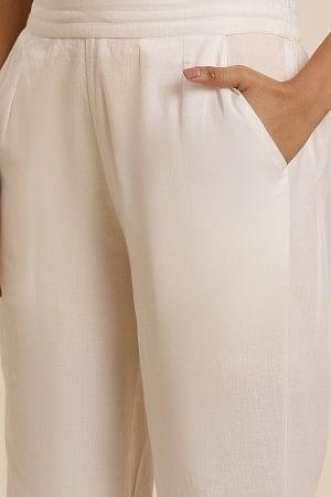 White Cotton Pants With Embroidered Mesh Hemline - wforwoman