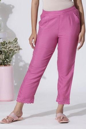 Pink Cotton Flax Straight Pants With Lace Hemline - wforwoman