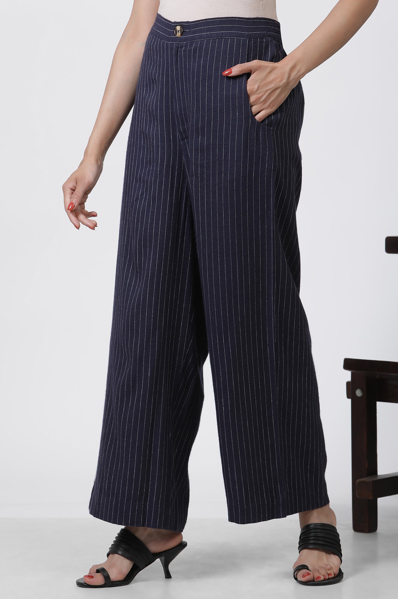 Buy Navy Striped Office Look Straight Trouser Online for Woman