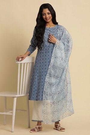 White Kota Dupatta with Blue Floral Print - WFS