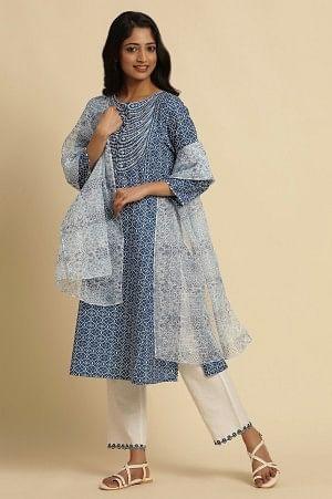 White Kota Dupatta With Blue Floral Print - wforwoman