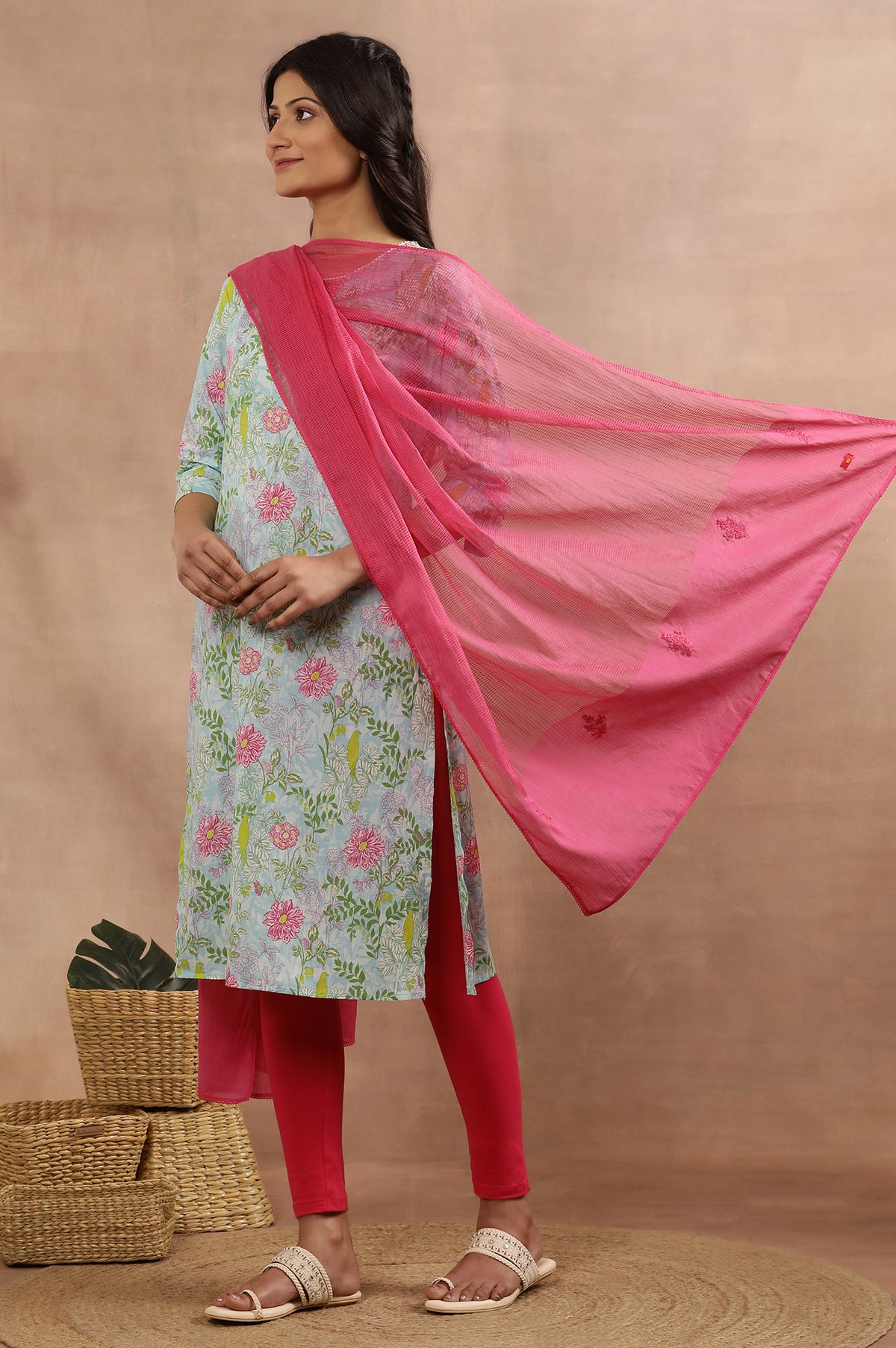 Pink Kota Dupatta with Thread Embroidery - WFS