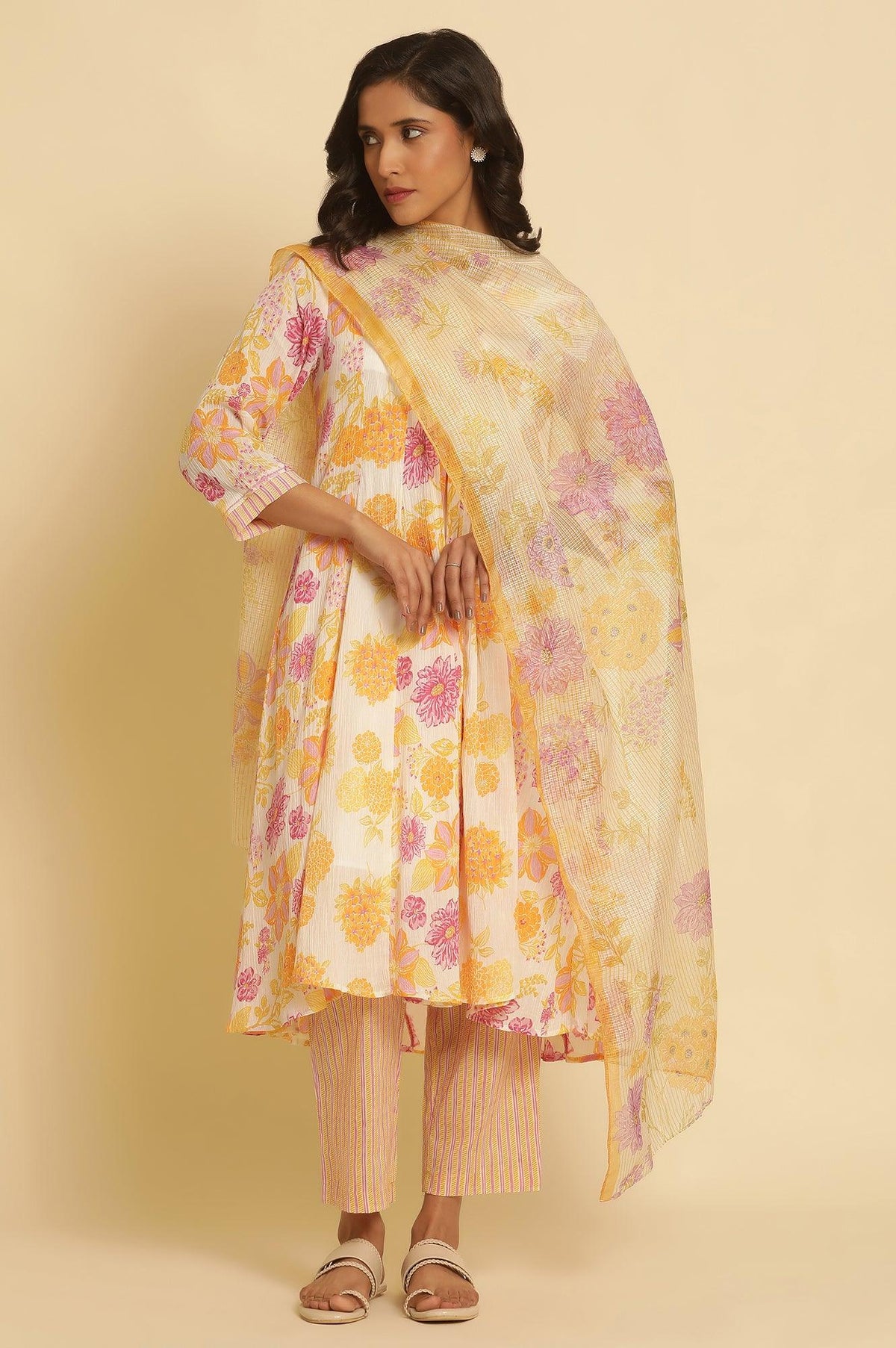 Ecru Kota Dupatta With Multi-Coloured Floral Print