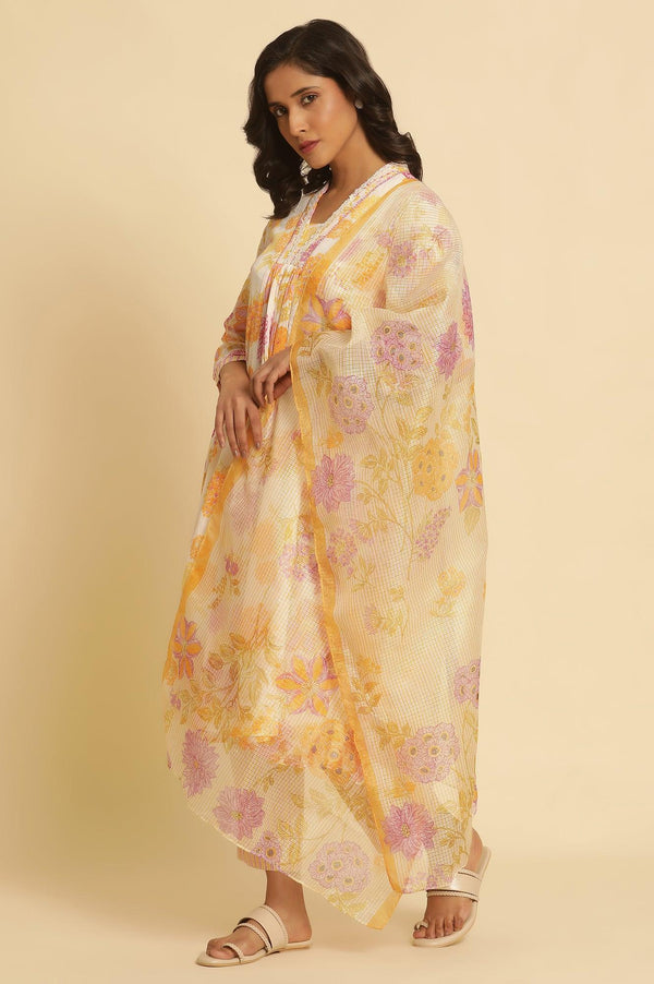Ecru Kota Dupatta With Multi-Coloured Floral Print