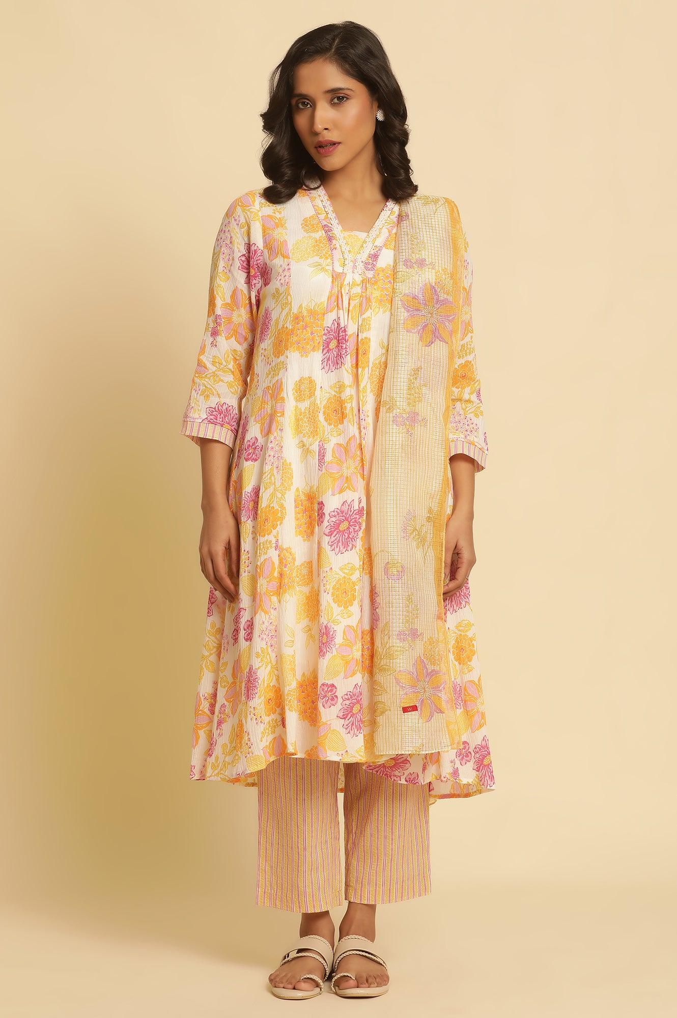 Ecru Kota Dupatta With Multi-Coloured Floral Print - wforwoman