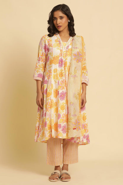 Ecru Kota Dupatta With Multi-Coloured Floral Print - wforwoman