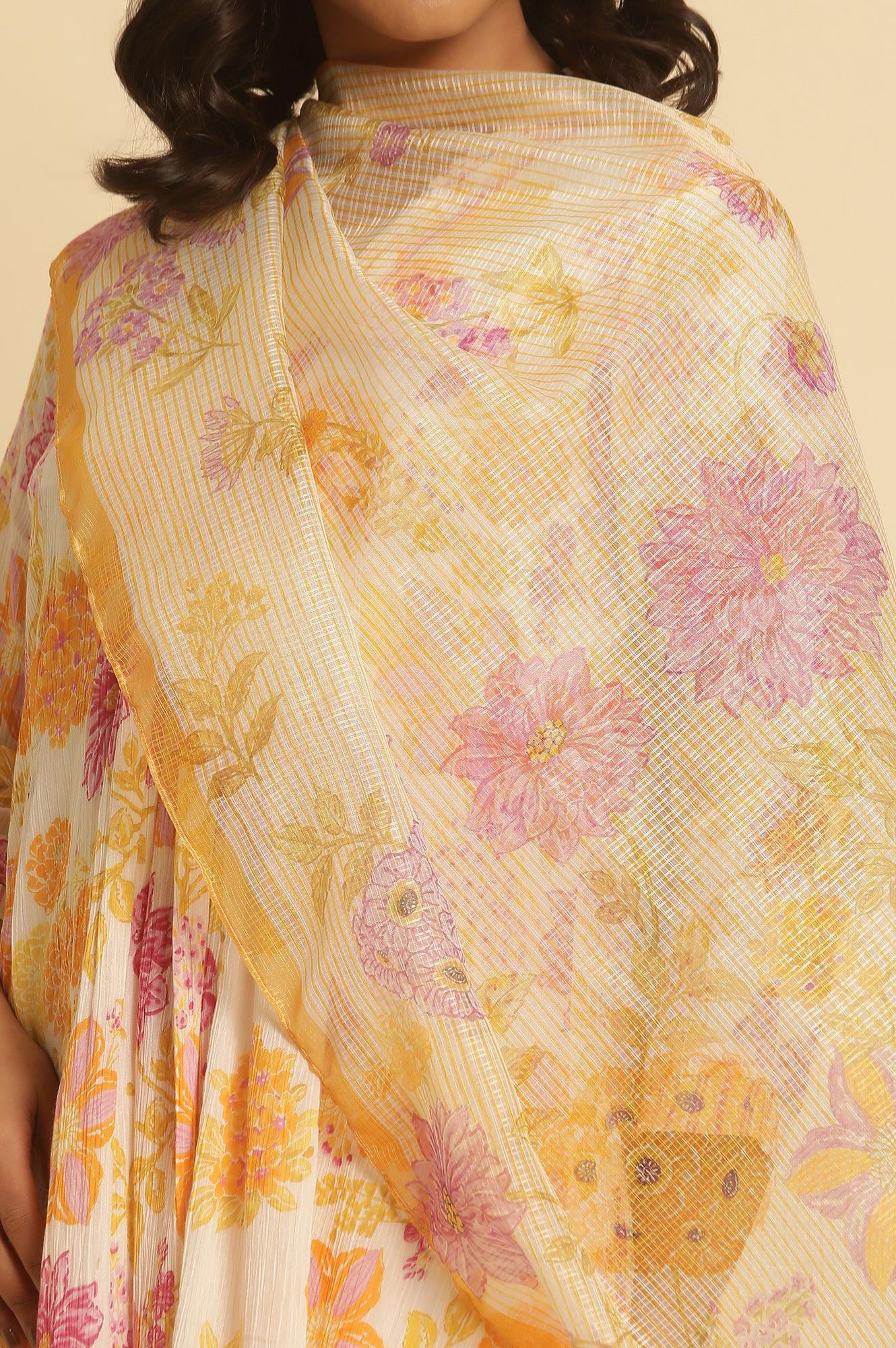Ecru Kota Dupatta With Multi-Coloured Floral Print - wforwoman