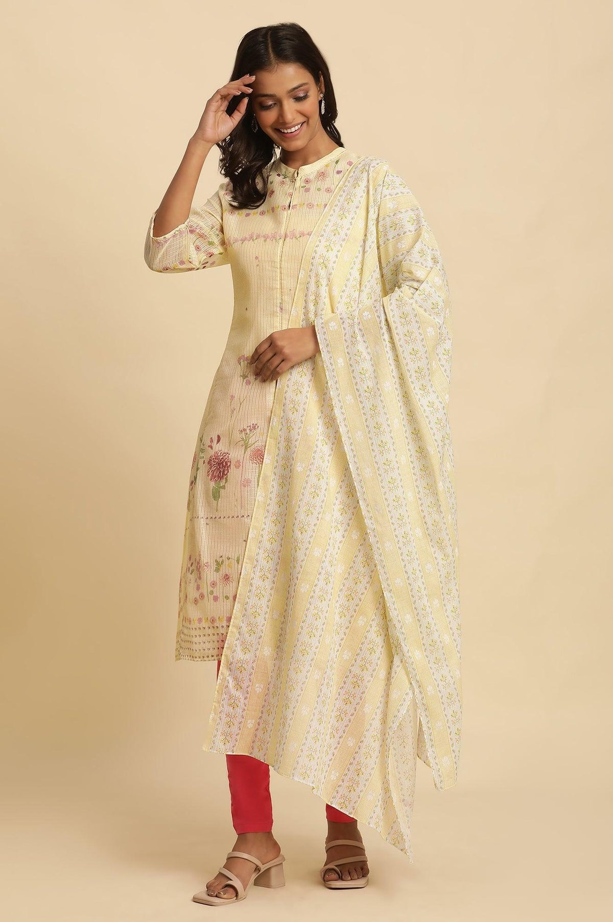 Yellow Floral Printed Cotton Dupatta - FS