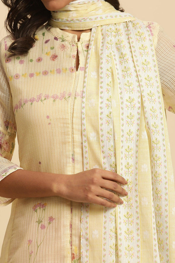 Yellow Floral Printed Cotton Dupatta