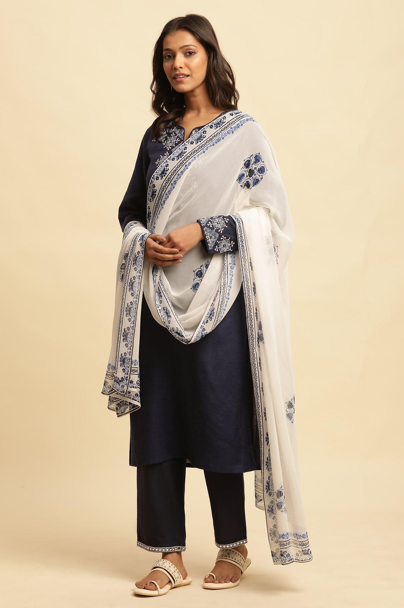 White Georgette Dupatta With Blue Floral Print - wforwoman