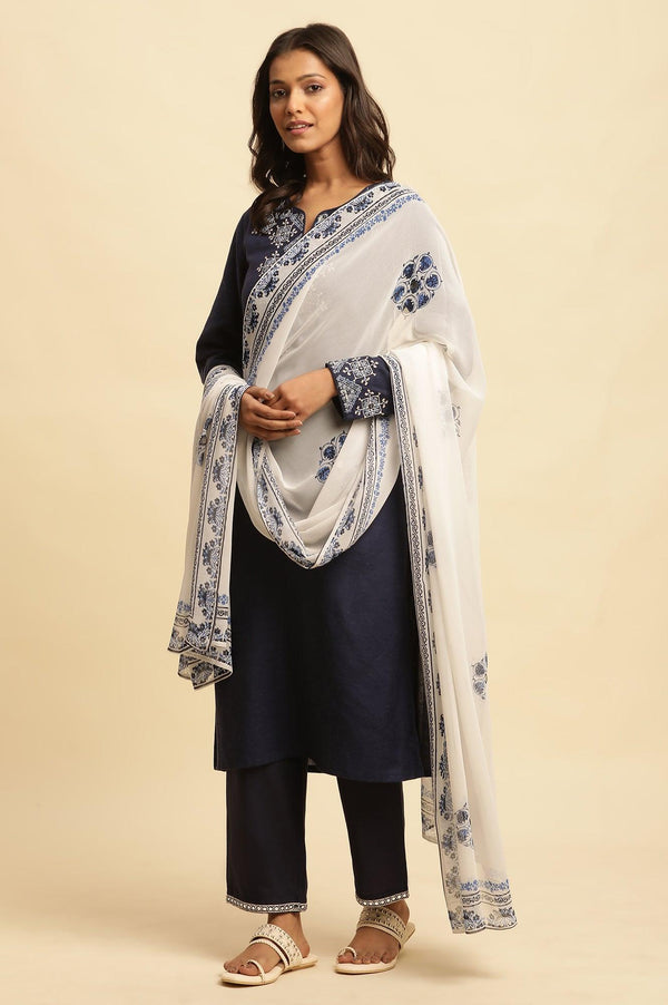 White Georgette Dupatta With Blue Floral Print
