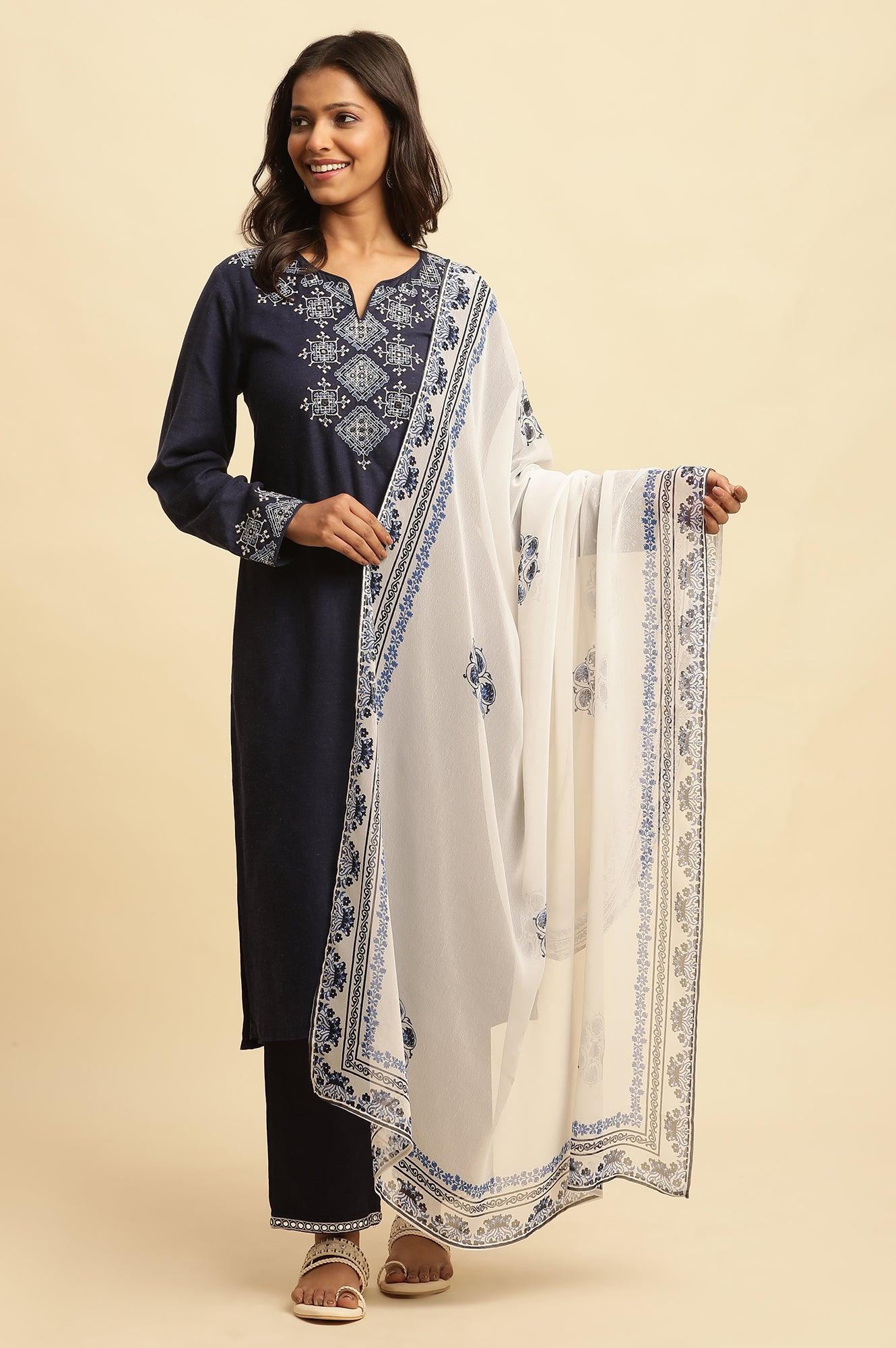 White Georgette Dupatta With Blue Floral Print - wforwoman