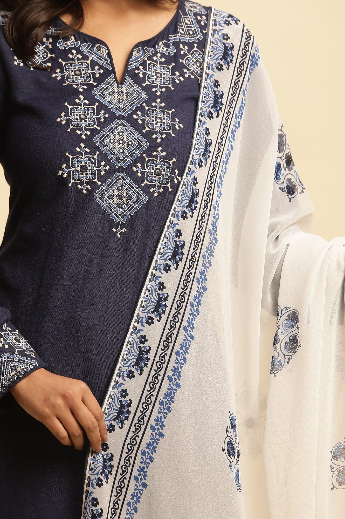 White Georgette Dupatta With Blue Floral Print - wforwoman