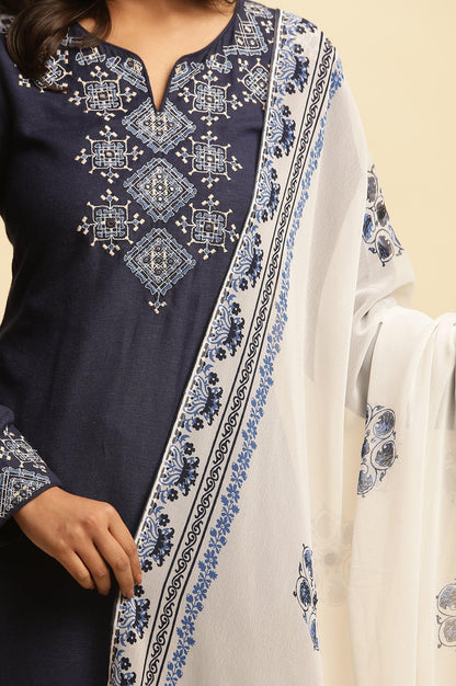 White Georgette Dupatta With Blue Floral Print - wforwoman