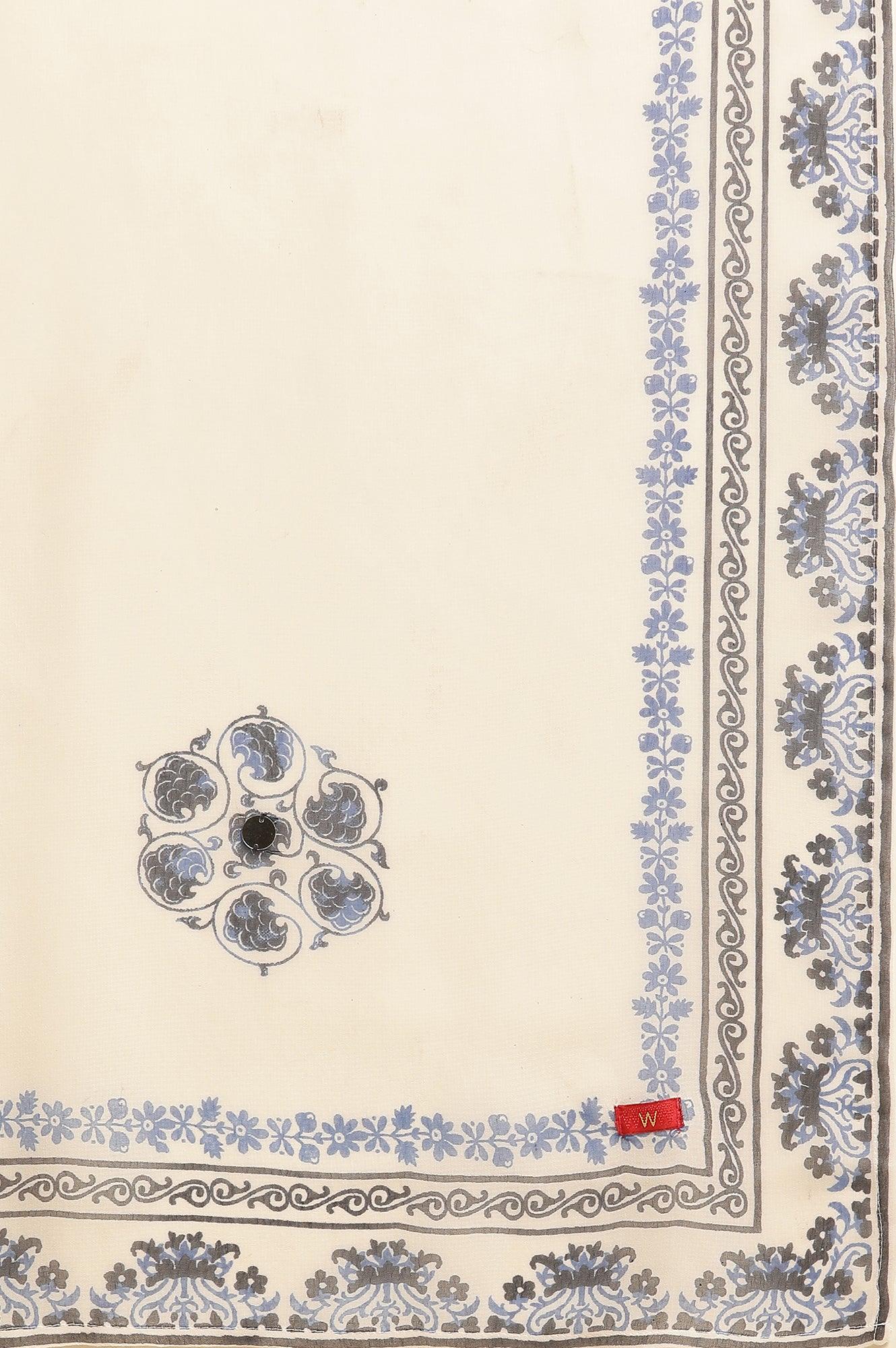 White Georgette Dupatta With Blue Floral Print - wforwoman