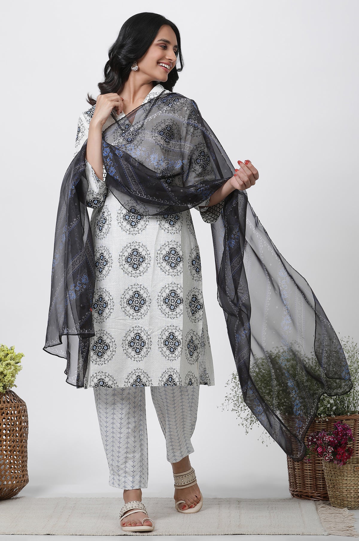 Blue Organza Dupatta With Coin Hangings - FS