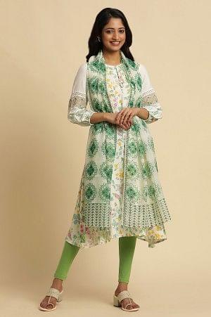 White Kota Dupatta With Green Print - wforwoman