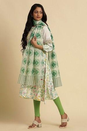 White Kota Dupatta With Green Print - wforwoman