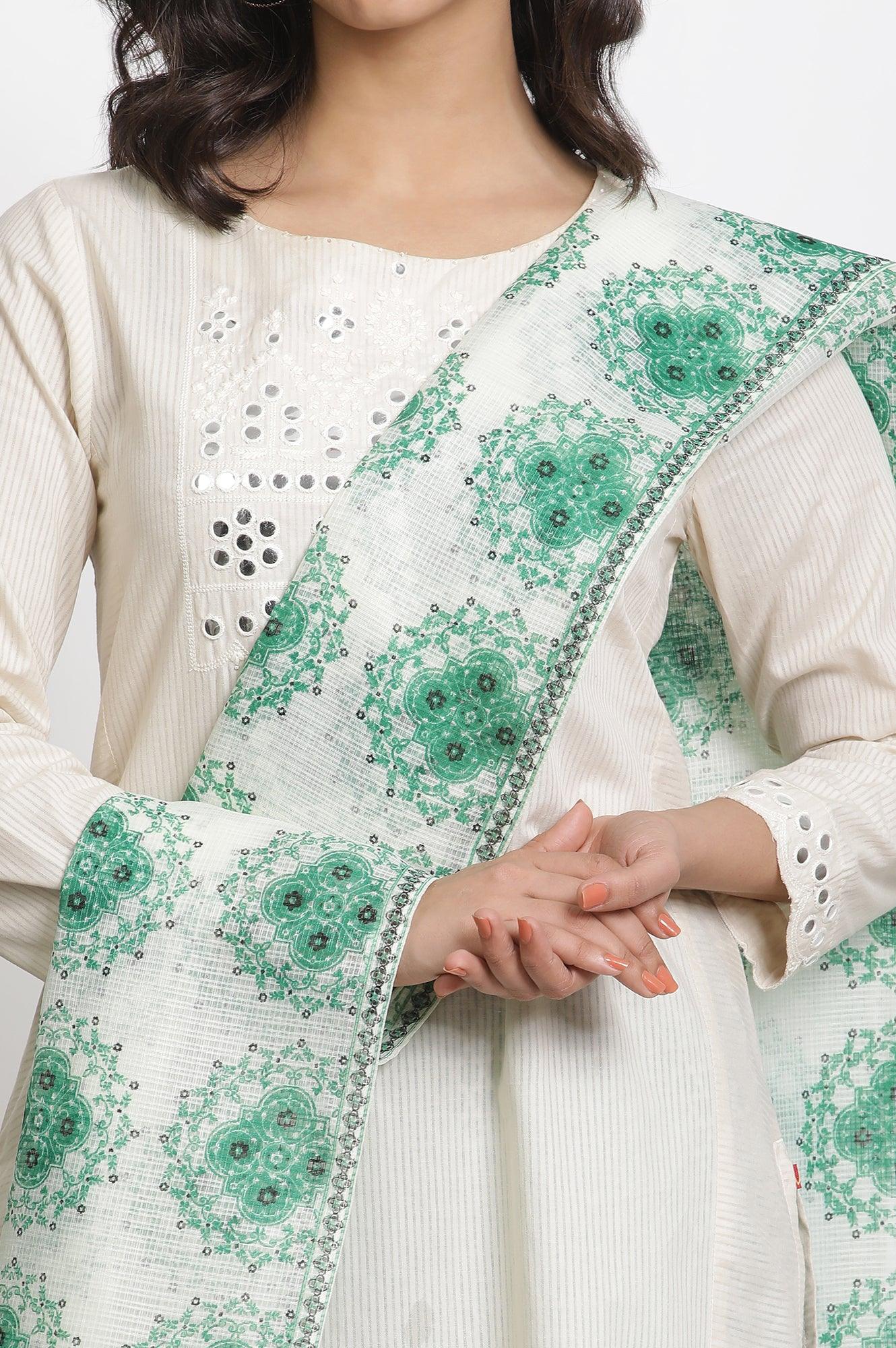 White Kota Dupatta With Green Print - wforwoman