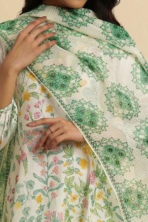 White Kota Dupatta With Green Print