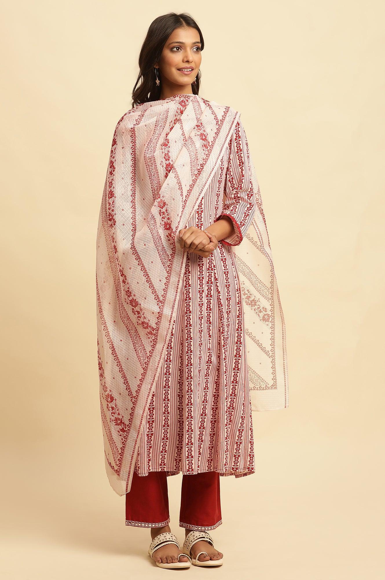 White And Red Printed Kota Dupatta - wforwoman