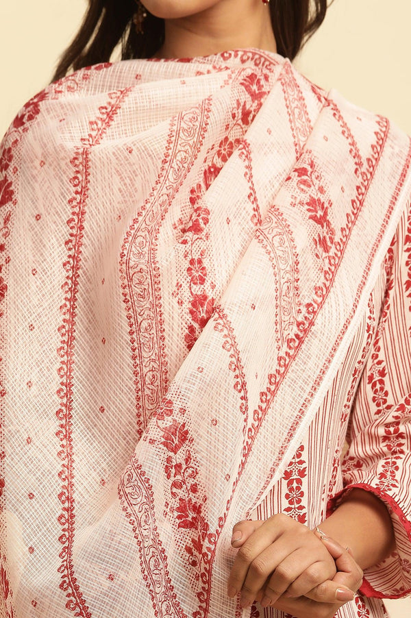White And Red Printed Kota Dupatta