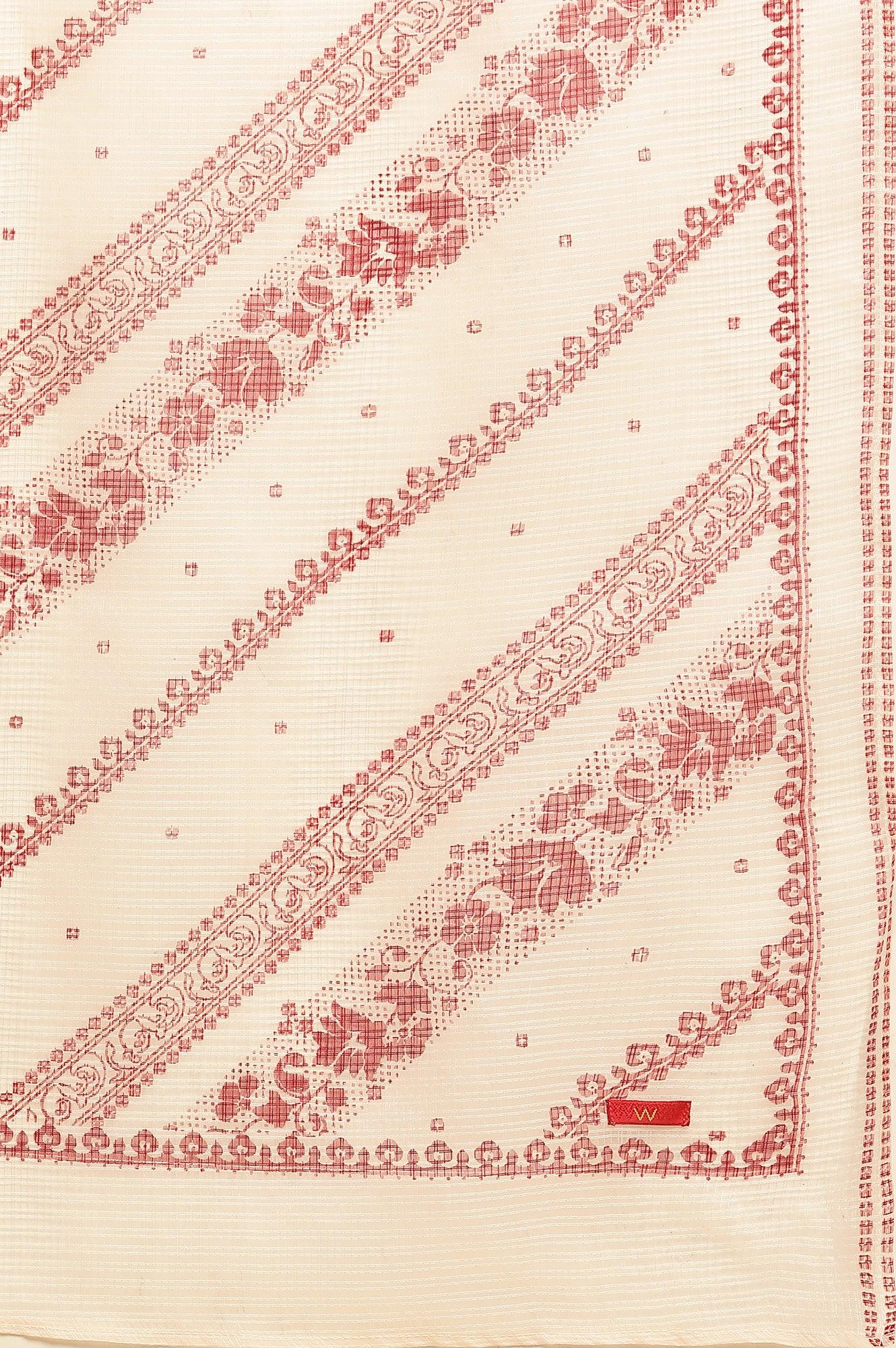 White And Red Printed Kota Dupatta - wforwoman