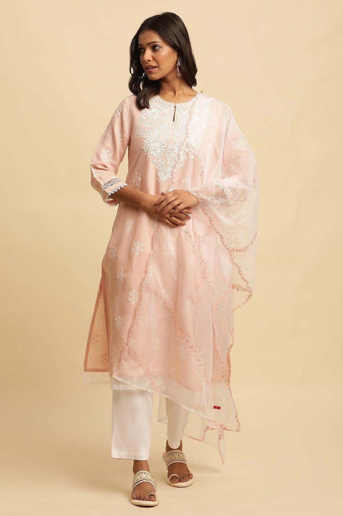 Ecru Organza Dupatta With Thread Embroidery - WFS