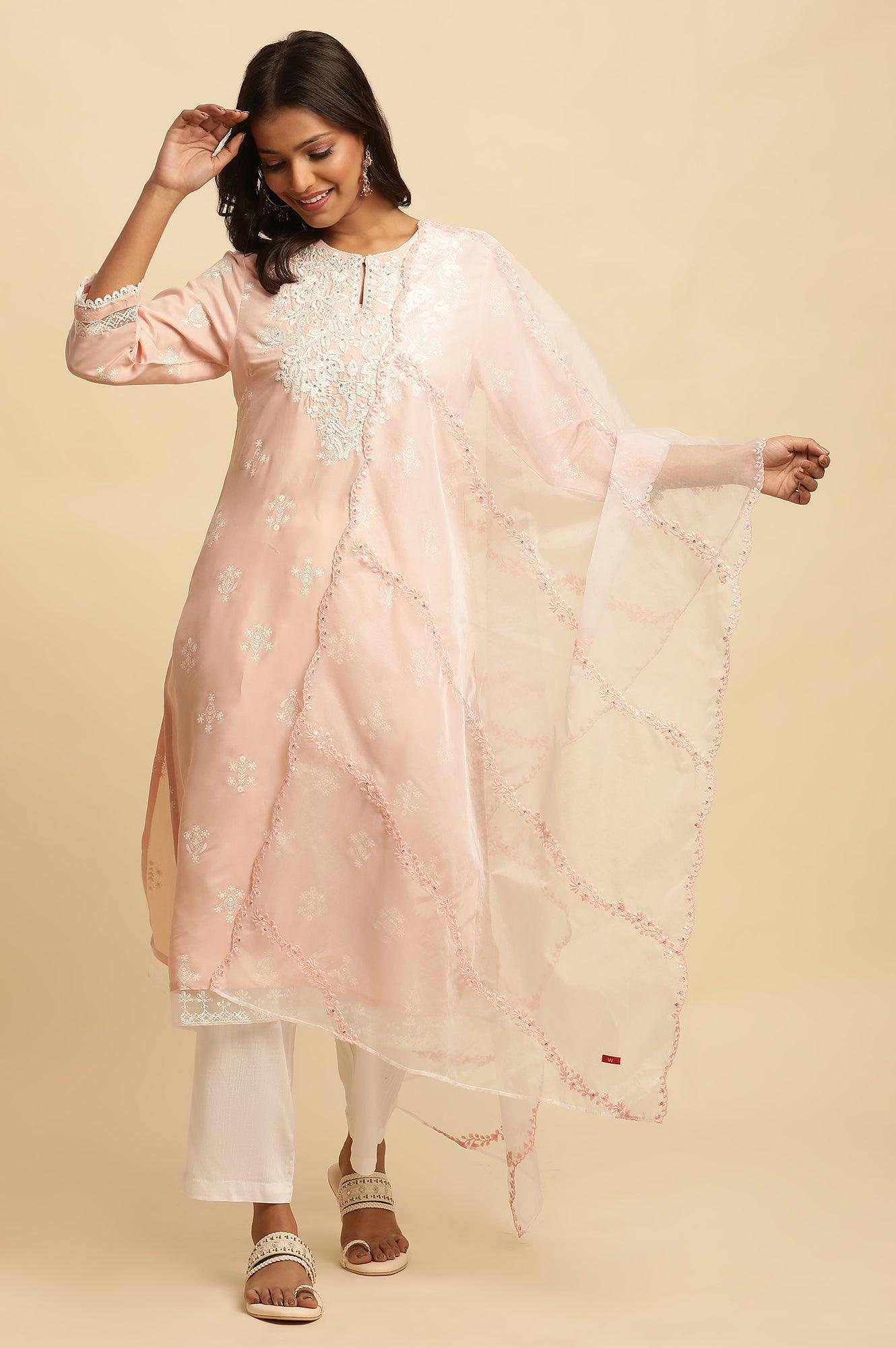 Ecru Organza Dupatta With Thread Embroidery - wforwoman