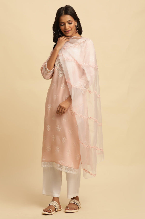 Ecru Organza Dupatta With Thread Embroidery