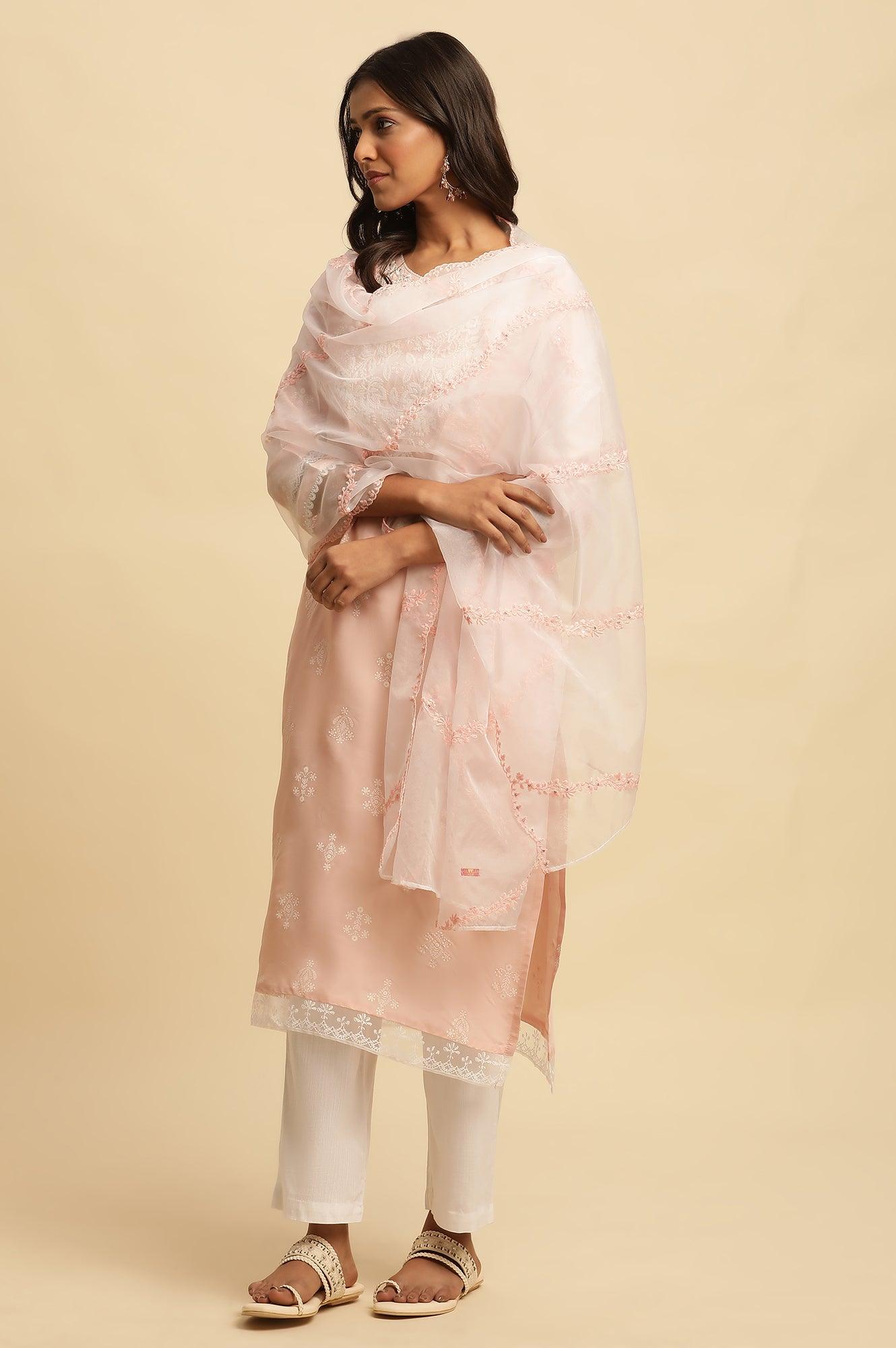 Ecru Organza Dupatta With Thread Embroidery - wforwoman