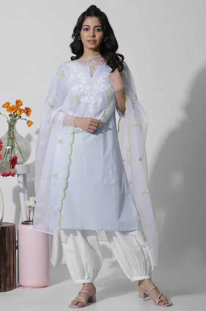 Ecru Organza Dupatta With Contrasting Embroidery - wforwoman