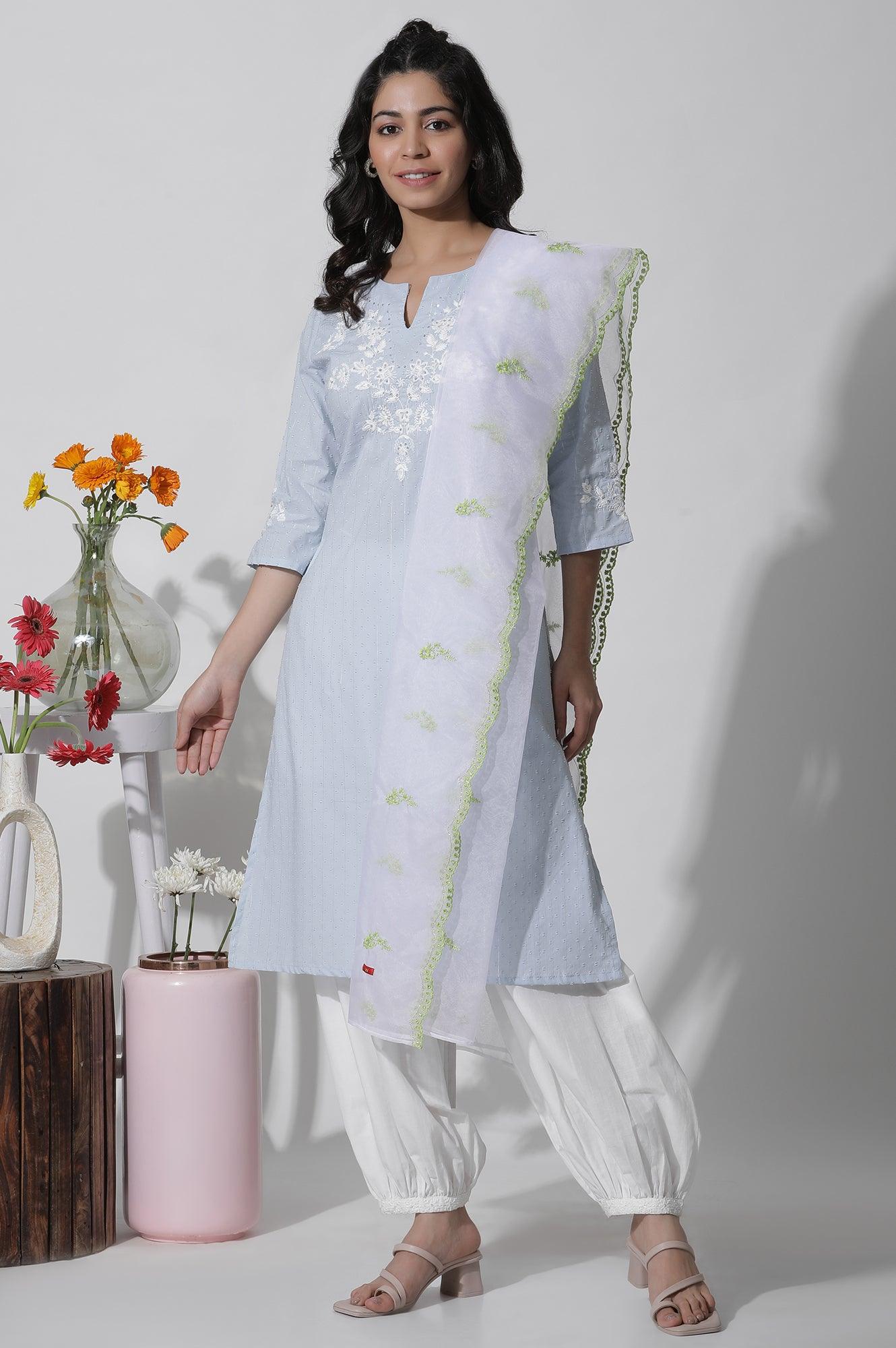 Ecru Organza Dupatta With Contrasting Embroidery - wforwoman
