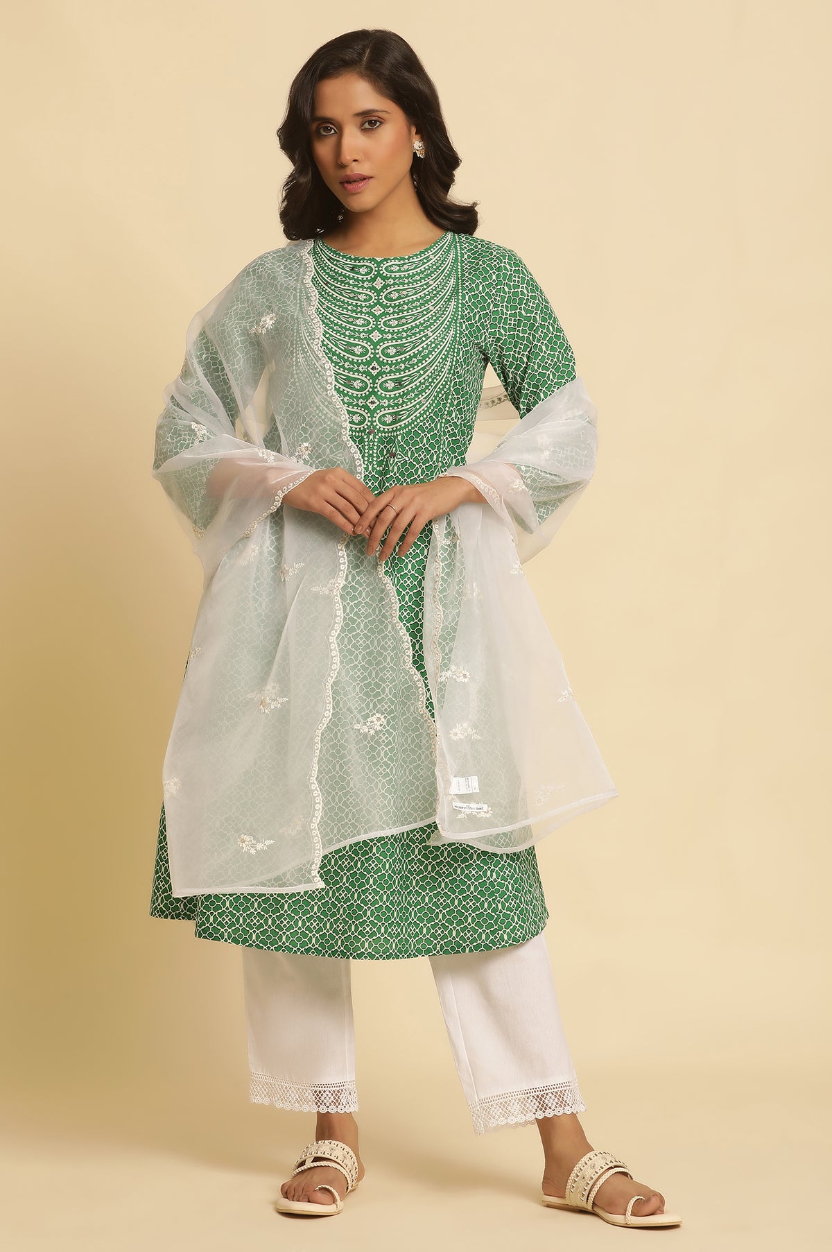 White Embroidered Metallic Organza Dupatta - FS