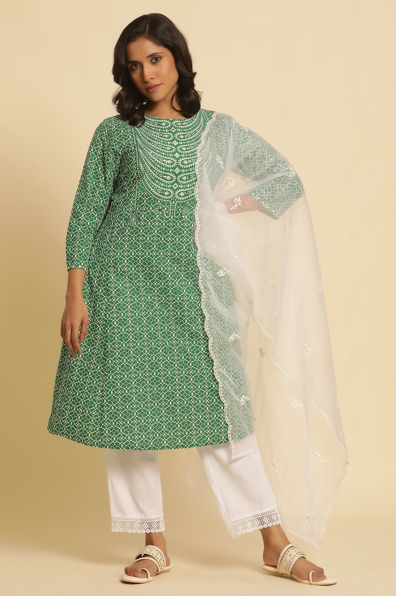 White Embroidered Metallic Organza Dupatta