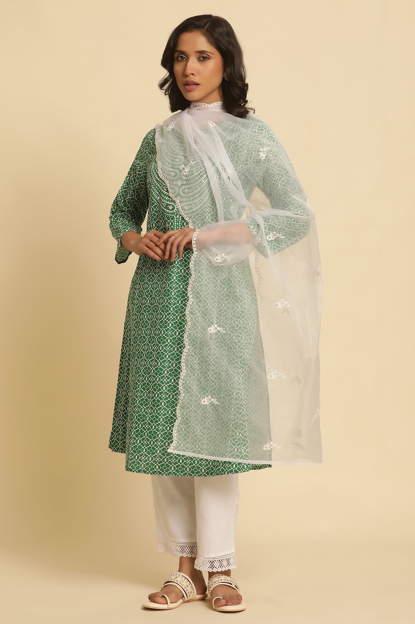 White Embroidered Metallic Organza Dupatta