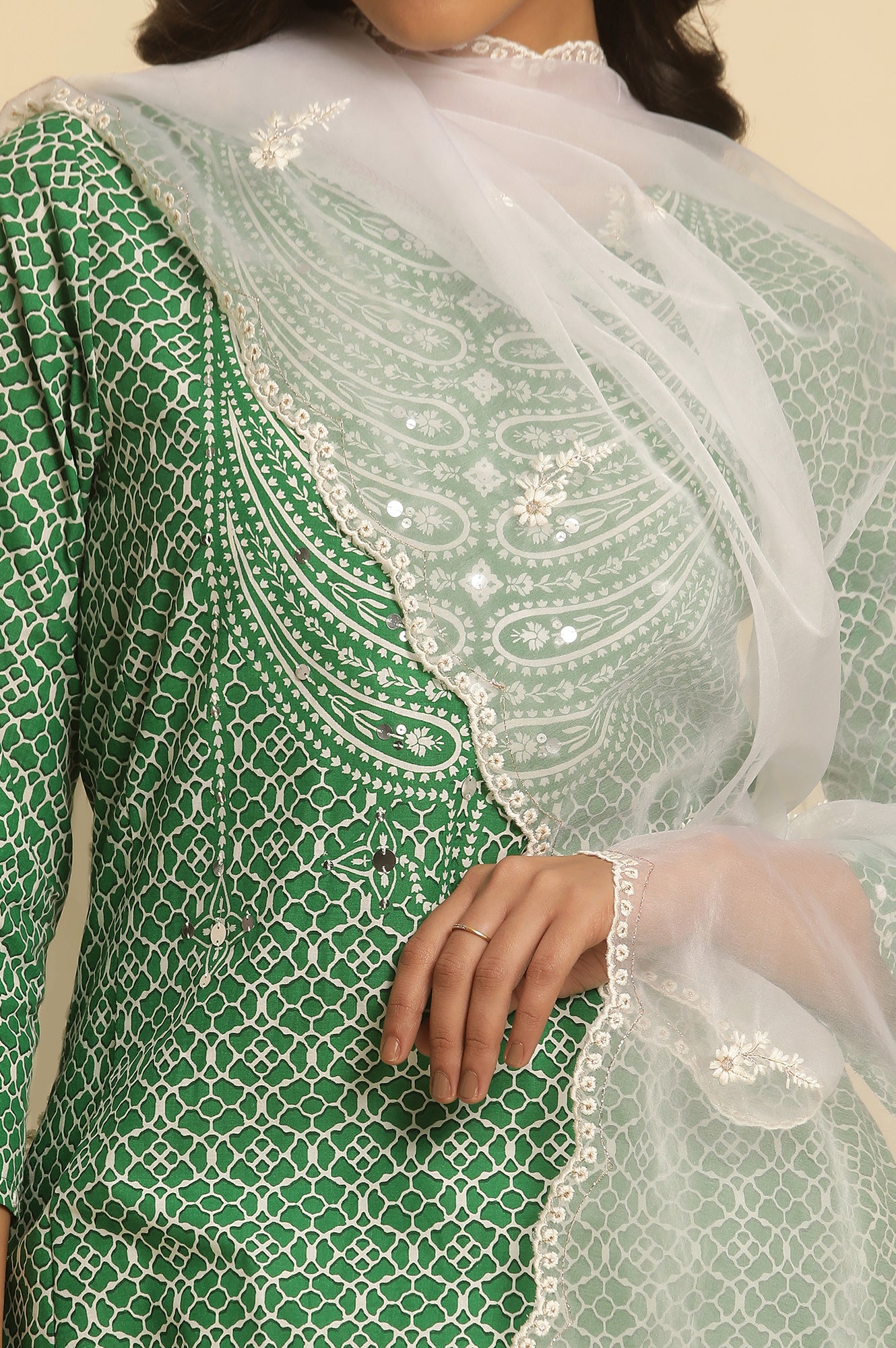 White Embroidered Metallic Organza Dupatta