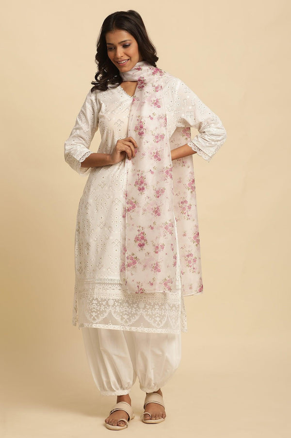 White Floral Printed Organza Dupatta
