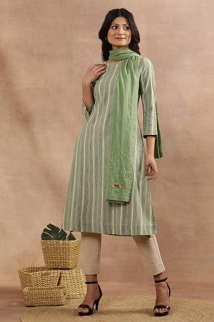 Sage Green Cotton Embroidered Dupatta - wforwoman